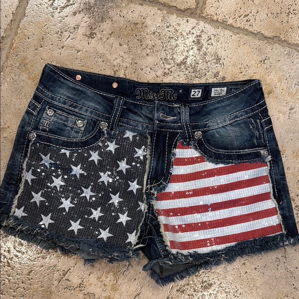 Miss Me Blue and Red Jean Shorts with Patriotic Flair